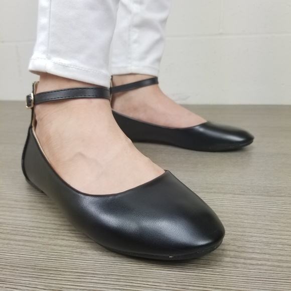 Round Toe Black Ankle Ballerina Flats - Picture 3 of 8